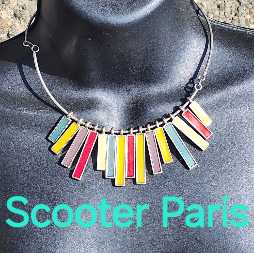 Designer Enamel retro Modernist Scotter Paris necklace silver tone jewelry